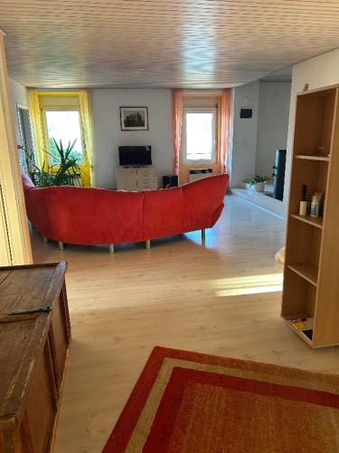 GambarognoAppartamento sul lago的客厅的中间设有一张红色大沙发