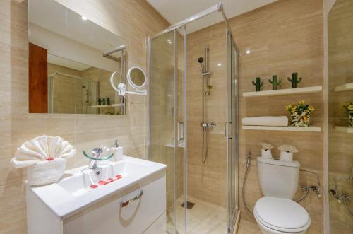 马拉喀什Luxury apartments的带淋浴、卫生间和盥洗盆的浴室