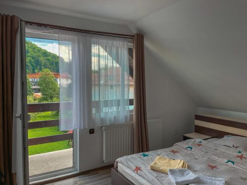布朗Casuta cu Dumbrava的一间卧室设有一张床和一个大窗户