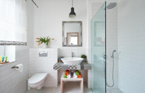 巴拉顿诺尔马迪Villa Millennium的一间带水槽和玻璃淋浴的浴室