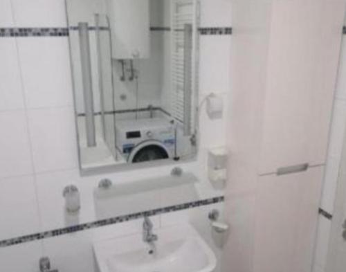 尼什TEA APARTMAN的浴室设有水槽和带照相机的镜子