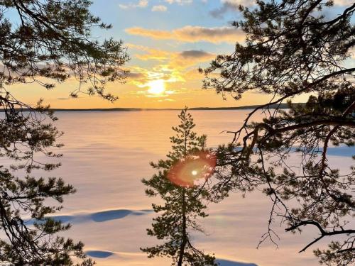 拉赫登佩拉Holiday Home Keskikallio- nuasjärvi by Interhome的树上一排日落