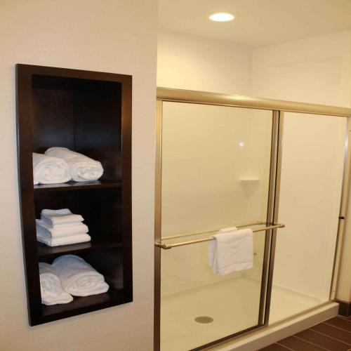 斯特劳兹堡Hampton Inn & Suites Stroudsburg Bartonsville Poconos的浴室设有玻璃淋浴间和毛巾