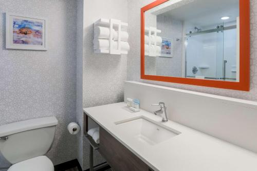 沃尔顿堡滩沃尔顿堡滩汉普顿酒店的一间带卫生间、水槽和镜子的浴室