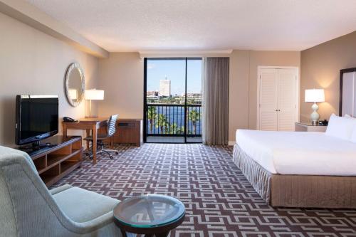 杰克逊维尔佛罗里达州杰克逊维尔河滨希尔顿逸林酒店的酒店客房设有一张床、一张书桌和一台电视机。