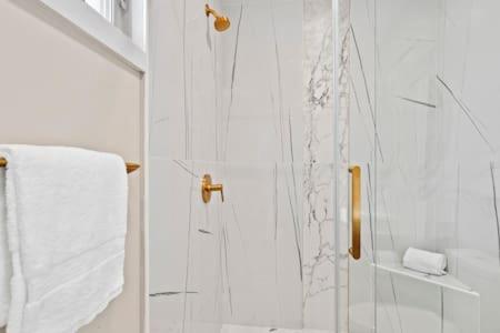 圣地亚哥Champagne Taste Luxury Home in Hillcrest的带淋浴的浴室和玻璃门