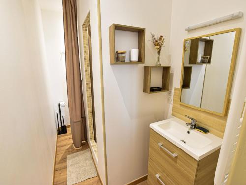 萨尔特河畔萨布雷Gîte Sablé-sur-Sarthe, 3 pièces, 6 personnes - FR-1-410-380的一间带水槽和镜子的浴室
