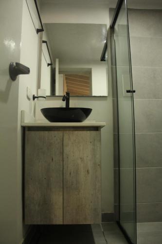El PobladoHotel la Carpita的一间带水槽和玻璃淋浴的浴室