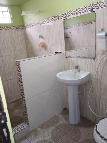 帕林廷斯Casa Parintins的浴室配有盥洗盆和带镜子的淋浴