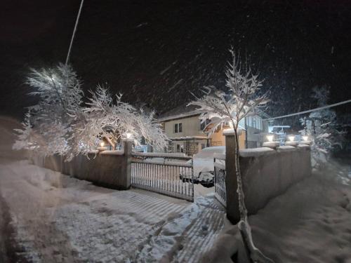贝拉内Holiday house - Berane的雪覆盖的院子,有栅栏和树木