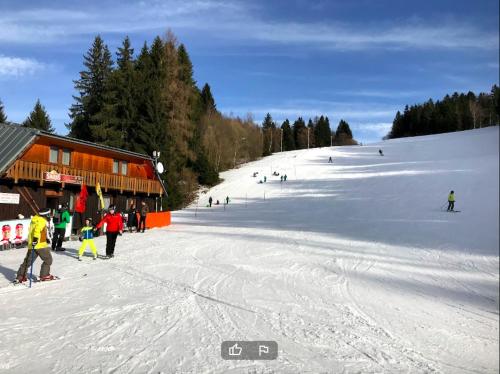日亚尔Chaty a horský hotel Kožiar的一群人沿着雪覆盖的斜坡滑雪