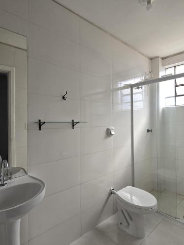 圣若昂达博阿维斯塔Hotel Bandeirantes de SJBV的白色的浴室设有卫生间和水槽。