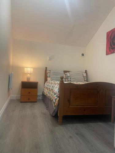 布里斯托2 Bedroom Apartment on suite bathroom, Southmead Bristol的一间卧室配有一张床和一个带灯的床头柜