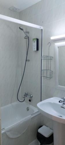 阿兰达德杜洛Hostal Rosales的白色的浴室设有水槽和淋浴。