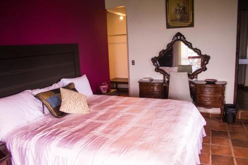 ZitácuaroSolache Inn的一间卧室配有一张大床和大镜子