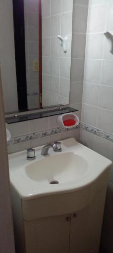 拉巴斯Departamento con quincho h/5 huéspedes的一间带水槽和镜子的浴室