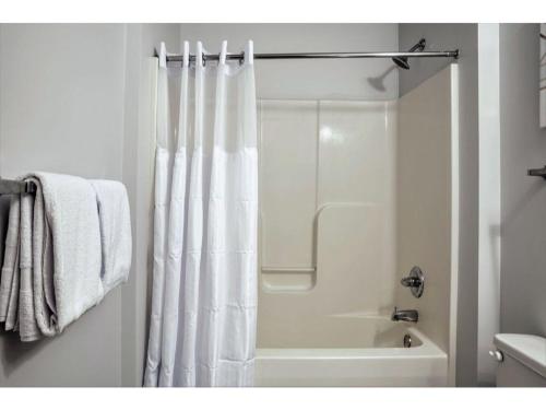 印第安纳波利斯Modern Apartment Close To Everything CozySuites的一间带白色淋浴帘的浴室