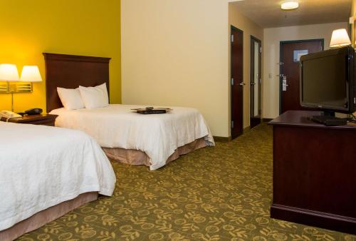 法兰克福法兰克福汉普顿酒店的酒店客房设有两张床和一台平面电视。