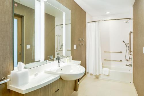 托皮卡SpringHill Suites by Marriott Topeka Southwest的一间带水槽、浴缸和镜子的浴室