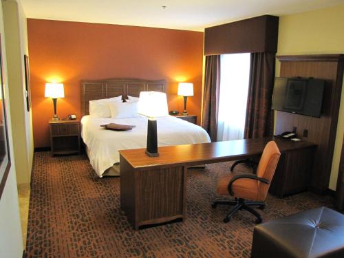 詹姆斯镇詹姆斯敦汉普顿酒店及套房的酒店客房配有一张床、一张书桌