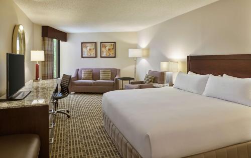 休斯顿休斯敦洲际机场希尔顿逸林酒店的酒店客房设有一张大床和一间客厅。