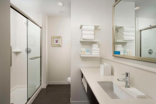 哈蒂斯堡希尔顿哈蒂斯堡汉普顿酒店的白色的浴室设有水槽和镜子