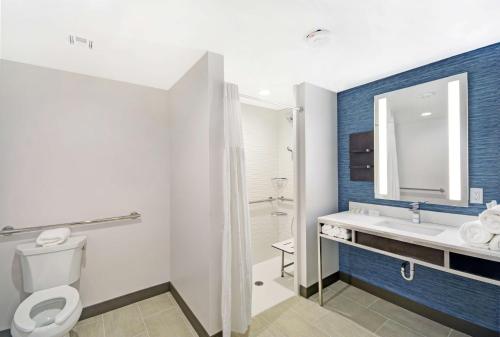 休斯顿Hilton Garden Inn Houston Hobby Airport的一间带卫生间、水槽和镜子的浴室