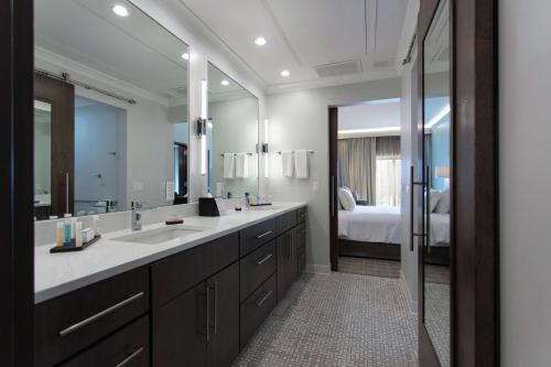 大急流城Embassy Suites By Hilton Grand Rapids Downtown的一间带水槽和大镜子的浴室