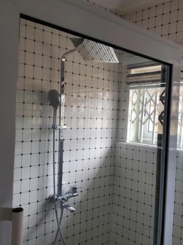 塔科拉迪Casa Consuelo Guest House的白色瓷砖浴室设有淋浴和窗户