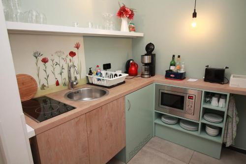 阿舍贝格Fewo-Suite "Horizonte I"的厨房配有水槽和微波炉