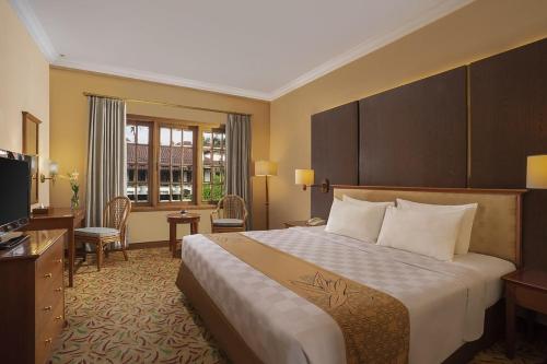 日惹Loman Park Hotel Yogyakarta的酒店客房,配有床和电视