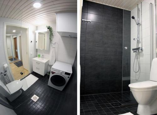 万塔Modern Studio in Prime Location的浴室设有卫生间和淋浴,两幅图片