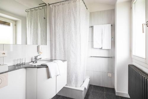 普拉Paladina Hotel的白色的浴室设有水槽和淋浴。