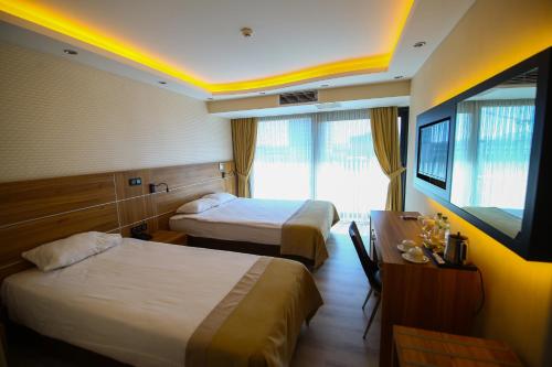 安卡拉VOLLEY HOTEL ANKARA的酒店客房设有两张床和电视。