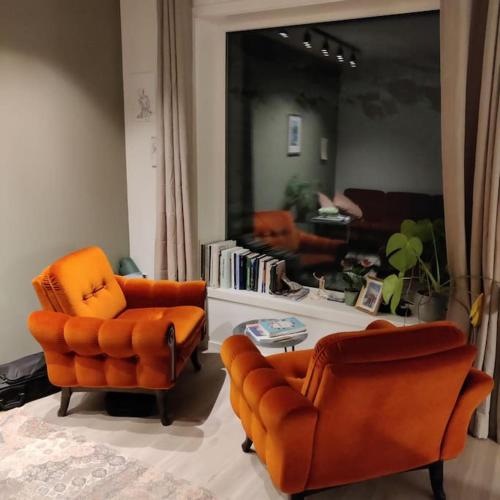 卡伯尔沃格Nybygget leilighet i Kabelvåg的客厅配有两把椅子和一张沙发