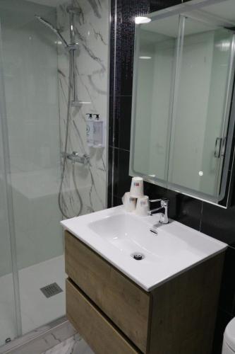 帕伦西亚Hostal Alda Palencia Plaza的浴室配有盥洗盆和带镜子的淋浴