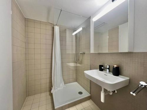 沙夫豪森The R Apartment Randen的带淋浴和盥洗盆的白色浴室