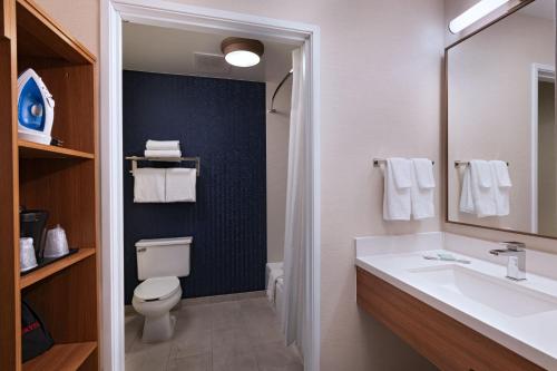 堪萨斯城堪萨斯城机场费尔菲尔德套房酒店的一间带水槽、卫生间和镜子的浴室