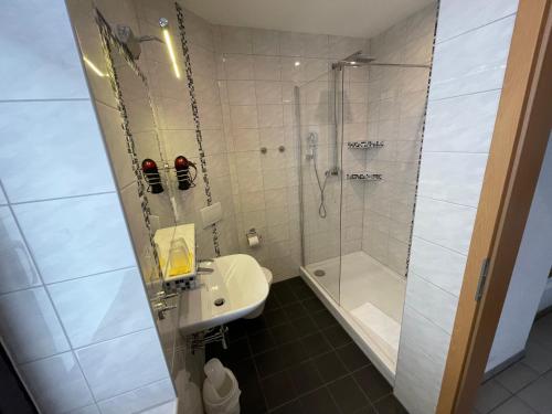 开姆尼茨埃文纽达斯旅舍的带淋浴、卫生间和盥洗盆的浴室