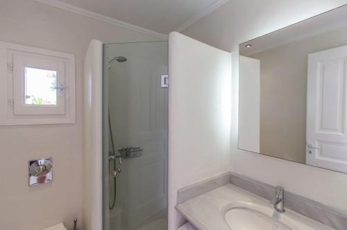 米克诺斯城Fortan 5* villa的带淋浴、盥洗盆和镜子的浴室