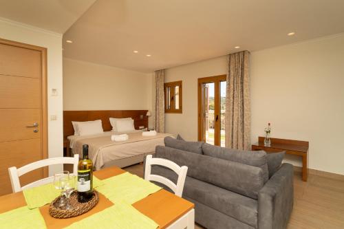 迈索尼Niriides Luxury Villas的客厅配有沙发和1张床