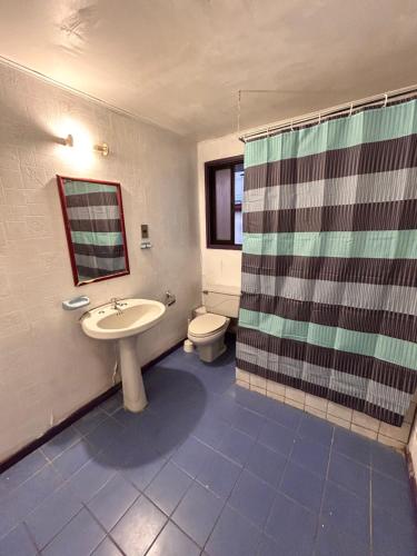 特木科Casa familiar的一间带水槽、卫生间和淋浴的浴室