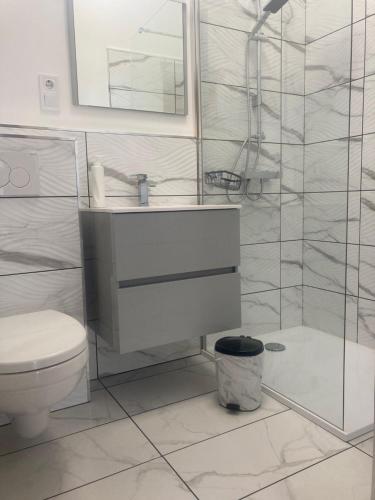 保拉德Lux Faház的白色的浴室设有水槽和卫生间。
