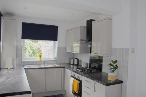 伦敦Gresham House - London Excel的厨房配有白色橱柜、水槽和窗户。