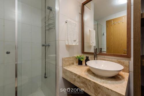 阿雷格里港Confortável apto em Porto Alegre/RS PRL0602的一间带水槽和淋浴的浴室