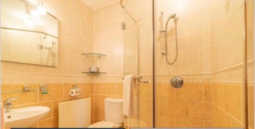 斯卡尔Corthna Lodge的带淋浴、卫生间和盥洗盆的浴室