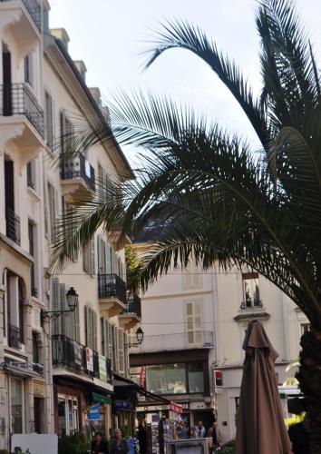 艾克斯莱班SEJOURAIXLESBAINS-Epicurieux的街上的棕榈树和遮阳伞