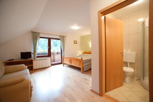 索尔察瓦Prenočišča Valentina的客房设有带一张床和卫生间的浴室。