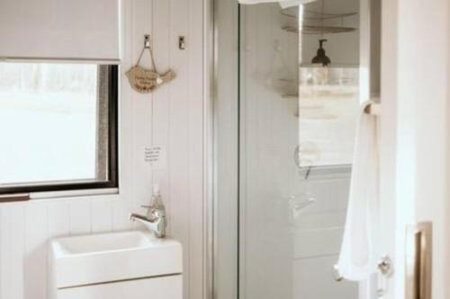 肯普西Rosemont的白色的浴室设有水槽和淋浴。