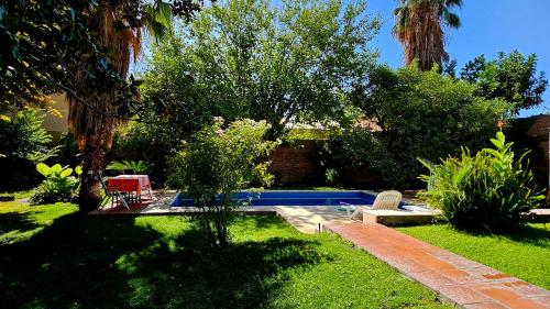 门多萨Casa del Buen Viaje的一个带游泳池的庭院,游泳池配有两把椅子和树木